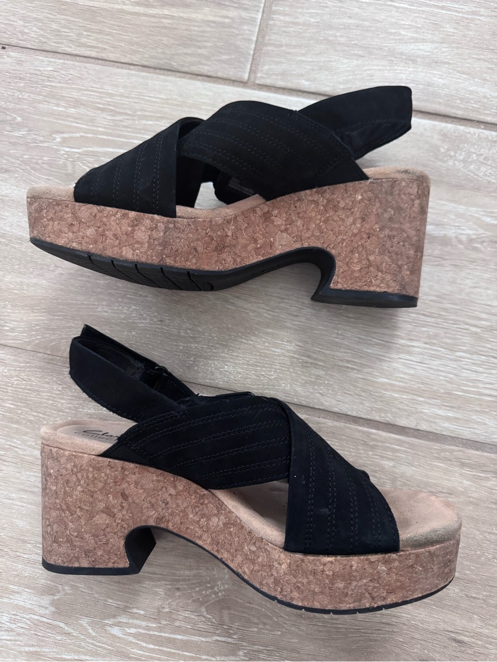 Black Clarks Collection Cork Platform Sandals with Crisscross Straps